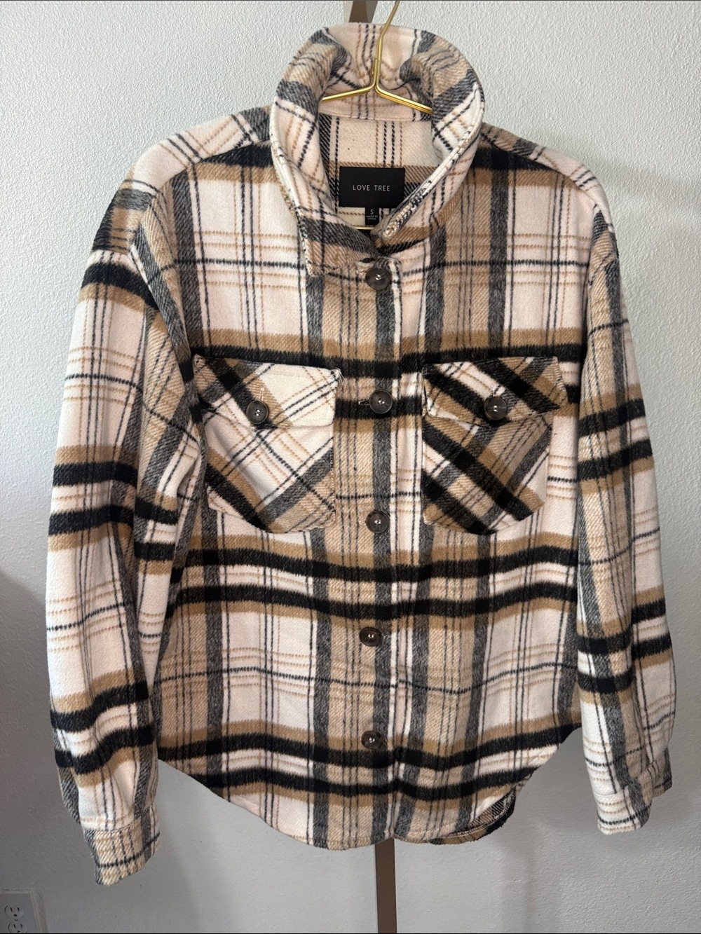 Love Tree Plaid Button-Front Shacket in Cream & Brown- Small